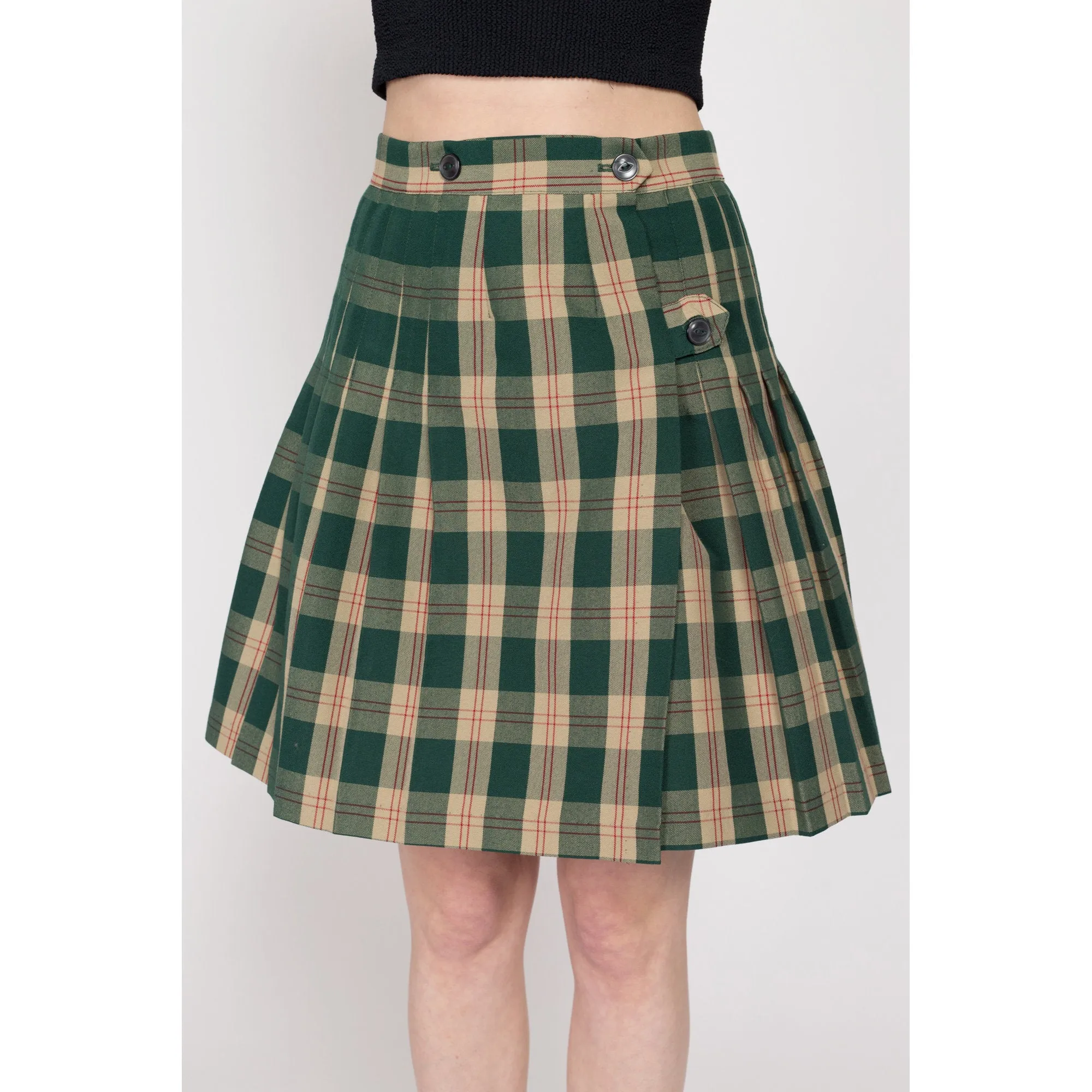 Small 90s Green Plaid Schoolgirl Wrap Skirt 27"