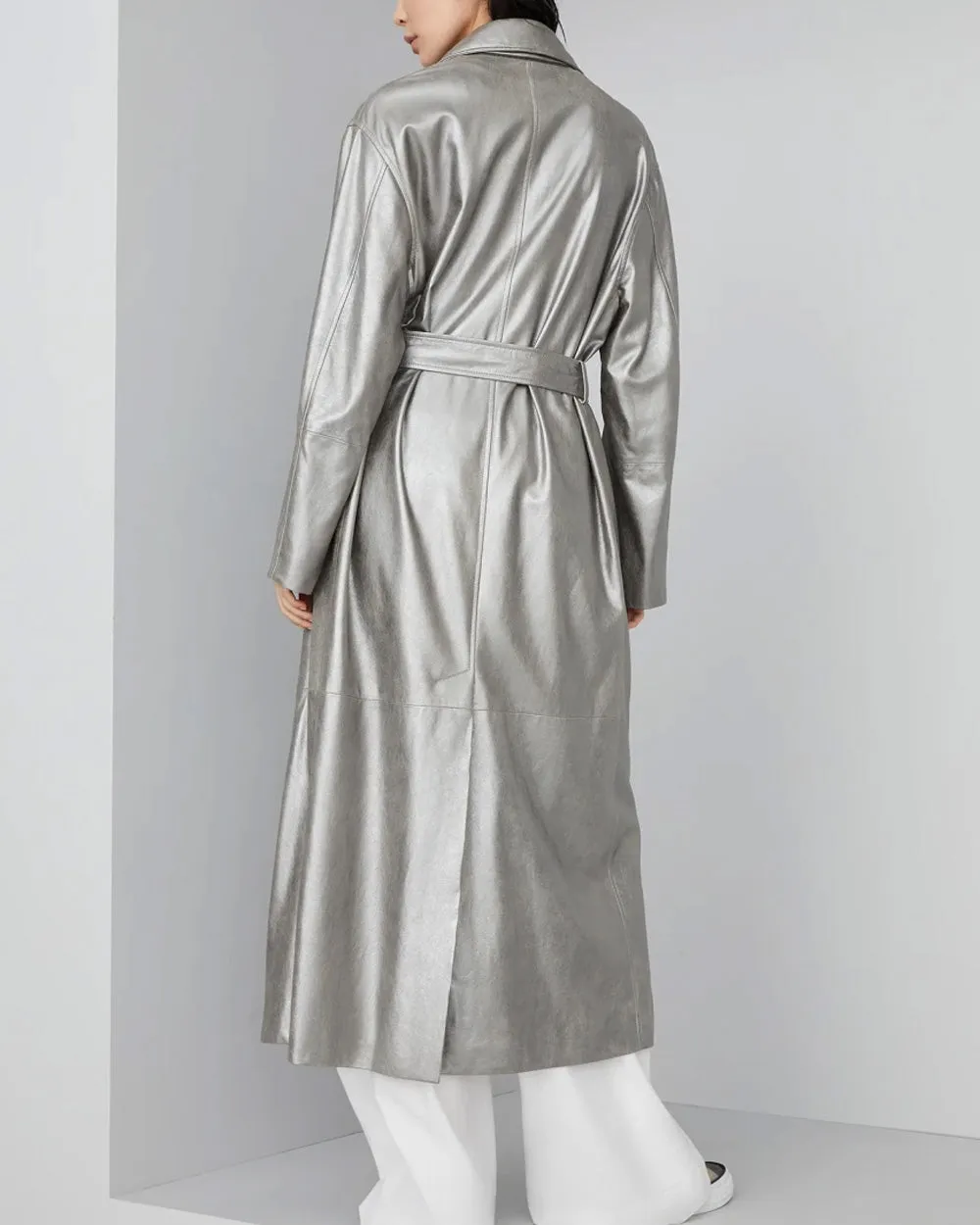 Steel Metallic Leather Trench Coat