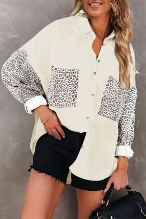 Turn Down Collar Leopard Corduroy Splicing Shacket