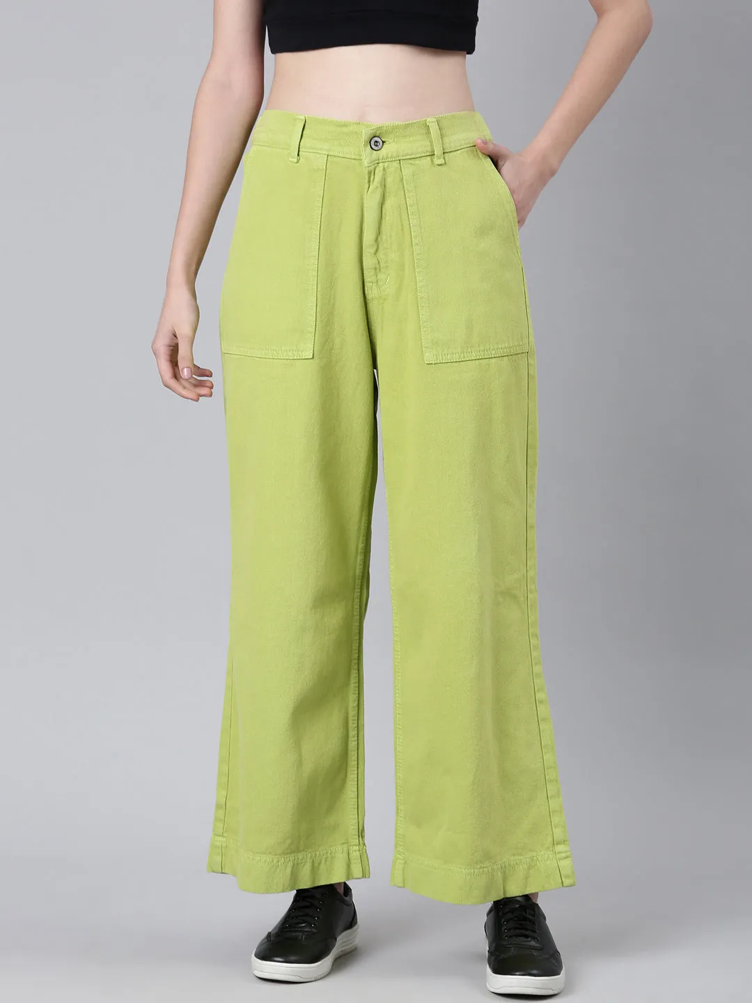 Women Lime Green Solid Wide Leg Denim Jeans