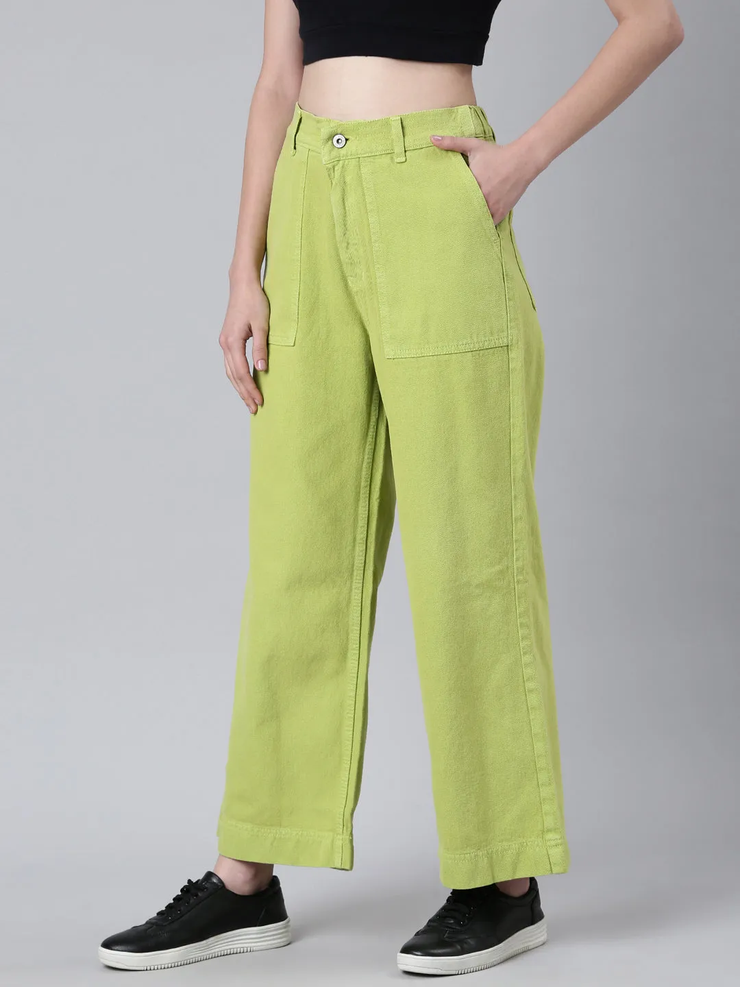 Women Lime Green Solid Wide Leg Denim Jeans