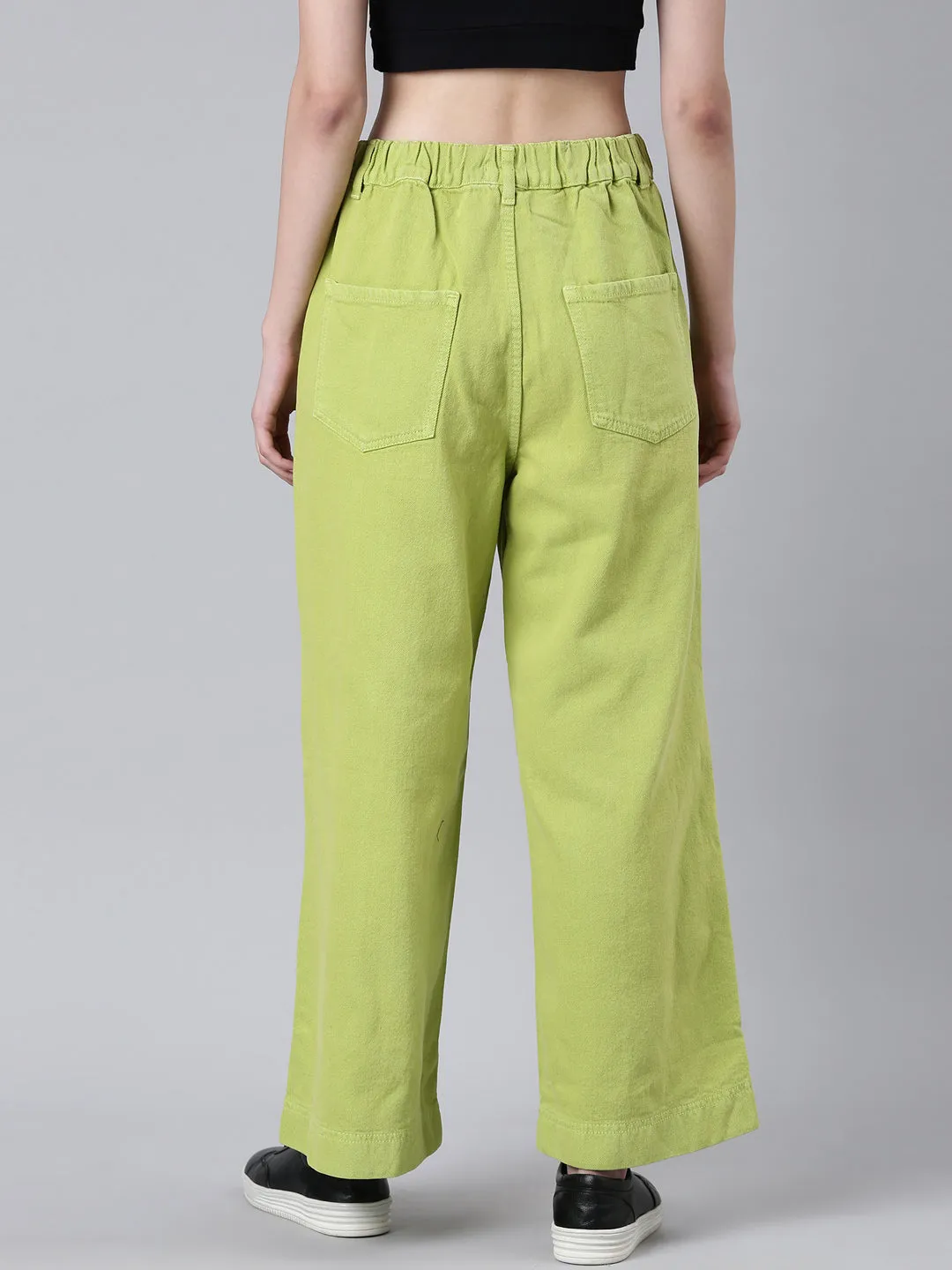 Women Lime Green Solid Wide Leg Denim Jeans